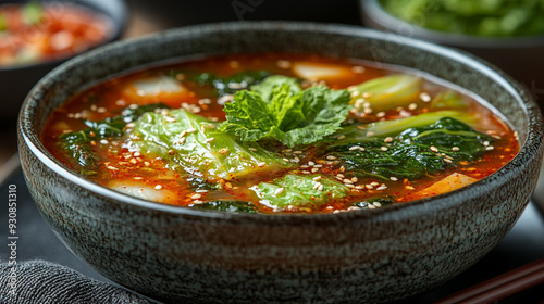 cabbage kimchi, showcasing its colorful, spicy essence, placed on a clean surface. The image highlights a healthy, flavorful aspect of Korean cuisine