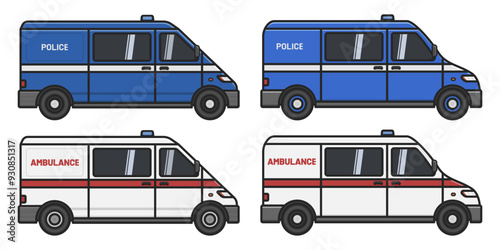emergency ambulance police van car side view vector flat illustration