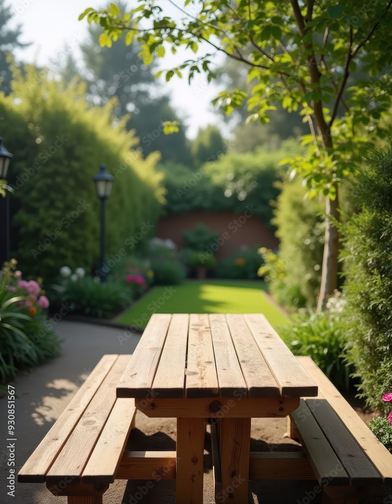 A serene garden setting featuring a wooden picnic table surrounded by lush greenery, flowering plants, and a manicured lawn under a sunny sky. A serene garden setting featuring a wooden picnic table surrounded by lush greenery, flowering plants, and a manicured lawn under a sunny sky.