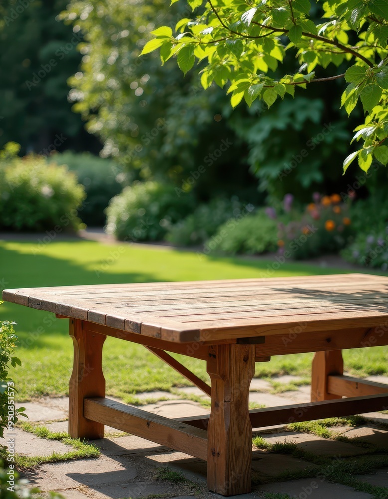 A wooden picnic table on a stone patio in a lush garden, dappled with sunlight. The area is surrounded by vibrant green foliage and blooming flowers. A wooden picnic table on a stone patio in a lush garden, dappled with sunlight. The area is surrounded by vibrant green foliage and blooming flowers.