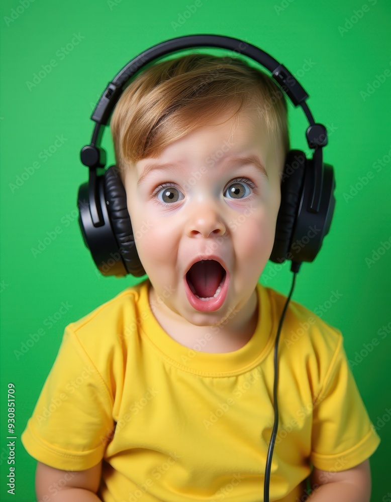 Excited toddler with headphones against a green background, wearing a yellow shirt. Excited toddler with headphones against a green background, wearing a yellow shirt.