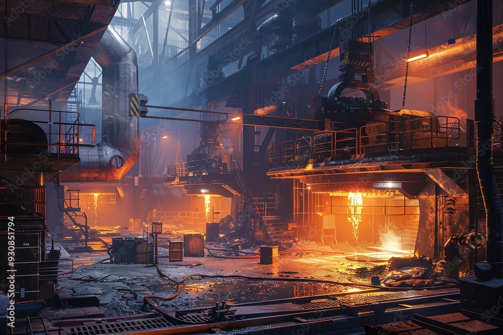 A dimly lit industrial scene featuring machinery and molten metal, showcasing an advanced manufacturing process. A dimly lit industrial scene featuring machinery and molten metal, showcasing an advanced manufacturing process.