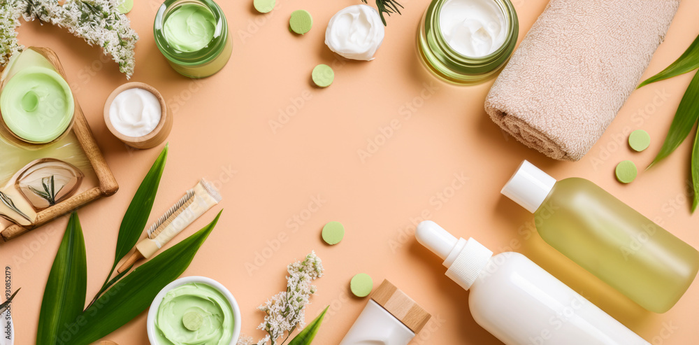 Arrangement of skincare products on a peach surface with towels and green leaves Arrangement of skincare products on a peach surface with towels and green leaves