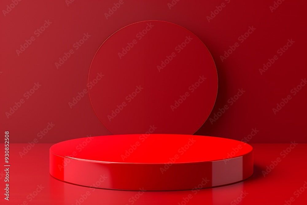 A minimalistic red display platform with a circular backdrop for showcasing products. A minimalistic red display platform with a circular backdrop for showcasing products.