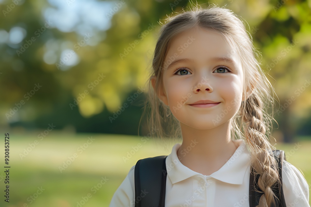 A young girl with a braid smiles outdoors, wearing a backpack in a sunny park setting. A young girl with a braid smiles outdoors, wearing a backpack in a sunny park setting.