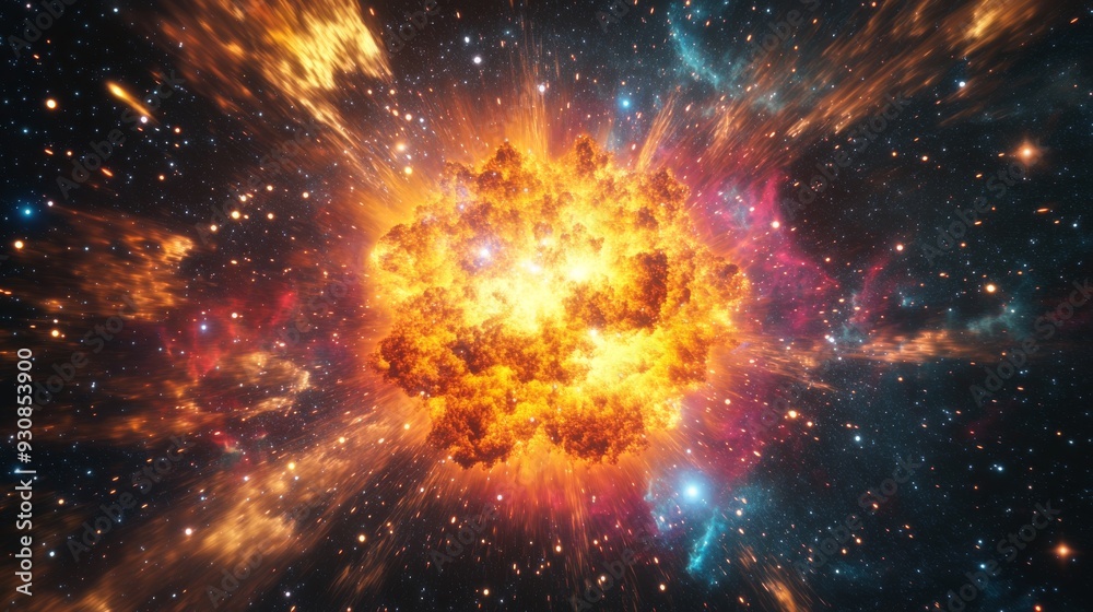 A bright supernova explosion releases a colorful expanding shockwave filled with intense cosmic energy. Glowing stellar debris floats against a deep space backdrop with nebula dust and light bursts. A bright supernova explosion releases a colorful expanding shockwave filled with intense cosmic energy. Glowing stellar debris floats against a deep space backdrop with nebula dust and light bursts.