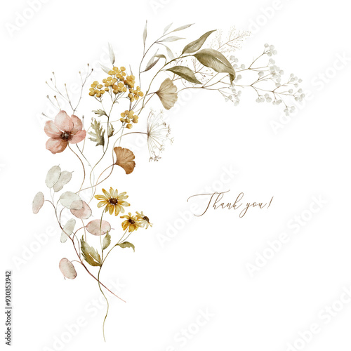 Fototapeta Naklejka Na Ścianę i Meble -  Watercolor floral illustration - wildflowers bouquet. Autumn fall dried flowers leaves, for wedding invitations, greetings, wallpapers, fashion, background texture, wrapping. Yellow white silver dull.