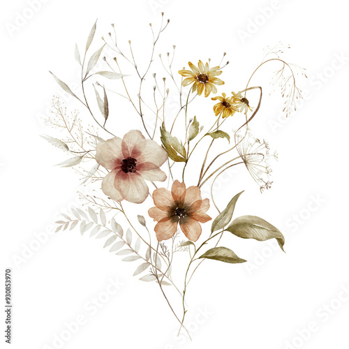 Fototapeta Naklejka Na Ścianę i Meble -  Watercolor floral illustration - wildflowers bouquet. Autumn fall dried flowers leaves, for wedding invitations, greetings, wallpapers, fashion, background texture, wrapping. Yellow white silver dull.