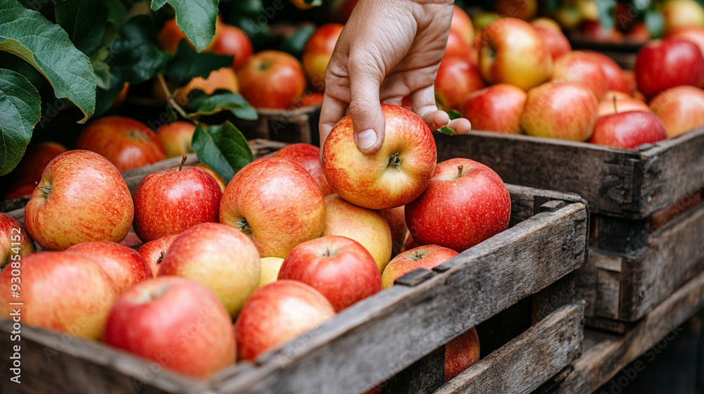 hand reaching for a shiny apple amidst a collection of wooden crates filled with ripe fruit. The image captures the temptation of choice and abundance, set against a rustic backdrop