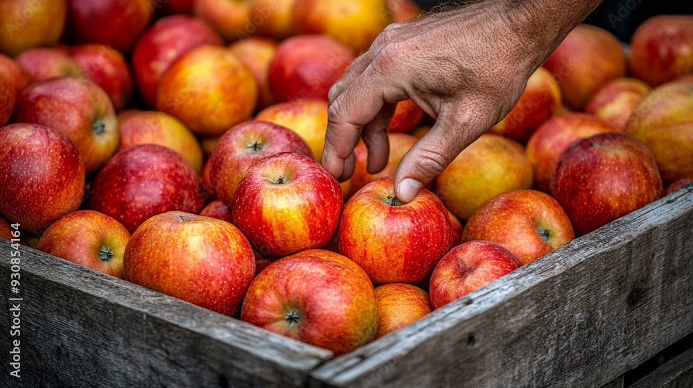 hand reaching for a shiny apple amidst a collection of wooden crates filled with ripe fruit. The image captures the temptation of choice and abundance, set against a rustic backdrop hand reaching for a shiny apple amidst a collection of wooden crates filled with ripe fruit. The image captures the temptation of choice and abundance, set against a rustic backdrop