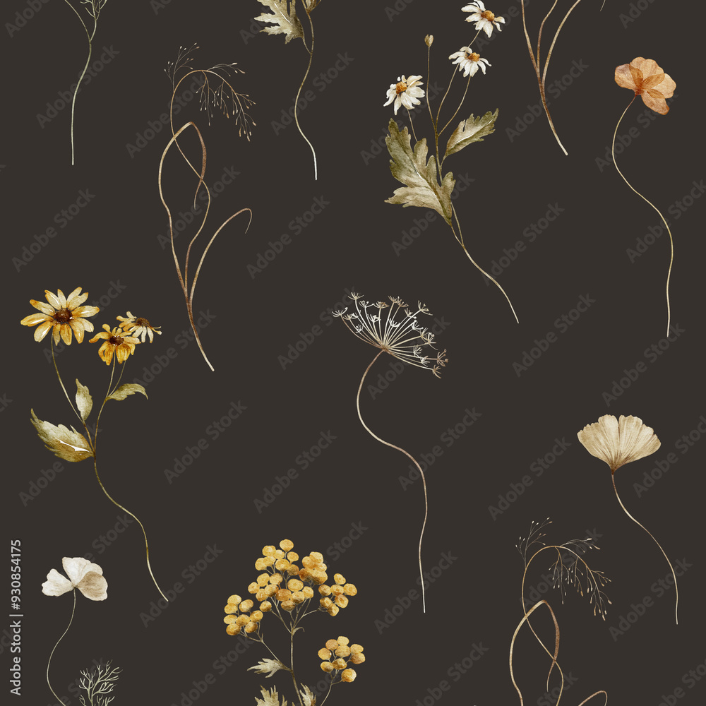 Fototapeta Seamless watercolor floral pattern - autumn fall dried dull flower elements, leaves branches on black dark background. Prints wallpapers postcards greetings cards wedding invites. Yellow white silver.