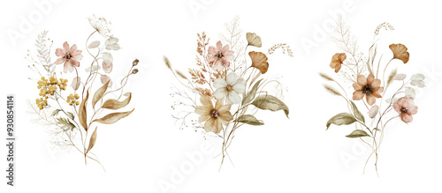 Fototapeta Naklejka Na Ścianę i Meble -  Watercolor floral illustration - wildflowers bouquet set. Autumn fall dried flowers leaves. Wedding invitations, greetings, wallpapers, fashion, background texture, wrapping. Yellow white silver dull.