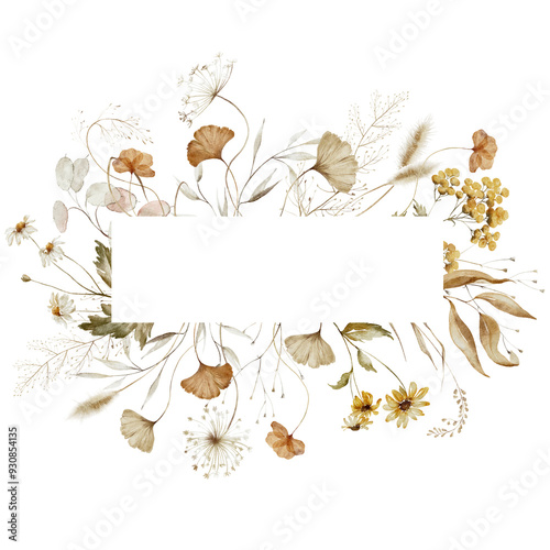 Watercolor floral illustration - wildflowers wreath frame. Autumn fall dried flowers, leaves, for wedding invitations, greetings, wallpapers, fashion, background, texture, wrapping. Yellow dull. 