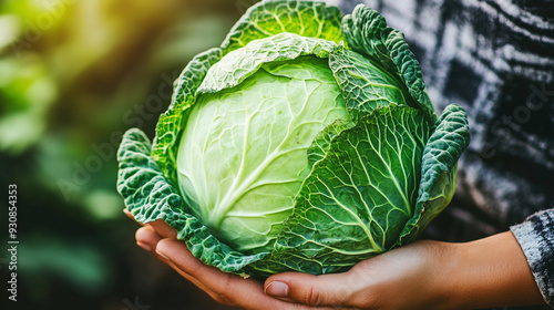 hands holding a large, ripe cabbage in a sunlit field. The fresh green vegetable symbolizes growth, nurturing, and the harvest season, capturing the essence of sustainable farming and natural abundanc photo