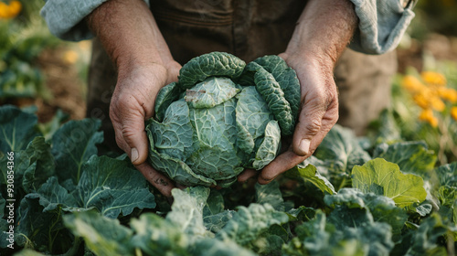 hands holding a large, ripe cabbage in a sunlit field. The fresh green vegetable symbolizes growth, nurturing, and the harvest season, capturing the essence of sustainable farming and natural abundanc photo