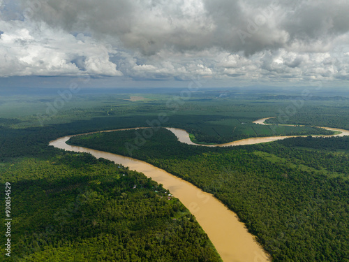 Fototapeta Naklejka Na Ścianę i Meble -  Aerial view of Kinabatangan river among the rainforest and jungle. Borneo, Malaysia.