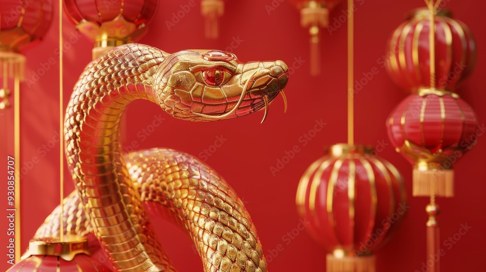 Obraz premium Chinese new year decorations. Happy chinese new year, year of the snake zodiac sign hanging beautiful lantern and flowers on red background.