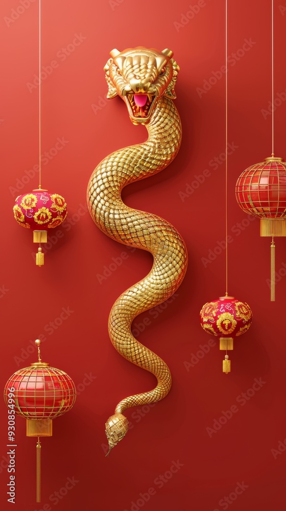 Chinese new year decorations. Happy chinese new year, year of the snake zodiac sign hanging beautiful lantern and flowers on red background. Chinese new year decorations. Happy chinese new year, year of the snake zodiac sign hanging beautiful lantern and flowers on red background.
