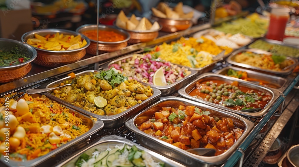 Authentic Indian street food experience with a variety of dishes such as dosa, idli, and sambar, served from a traditional cart Authentic Indian street food experience with a variety of dishes such as dosa, idli, and sambar, served from a traditional cart