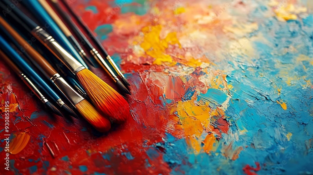 Fototapeta premium Paintbrushes on a Palette with Red, Yellow, and Blue Acrylic Paint.