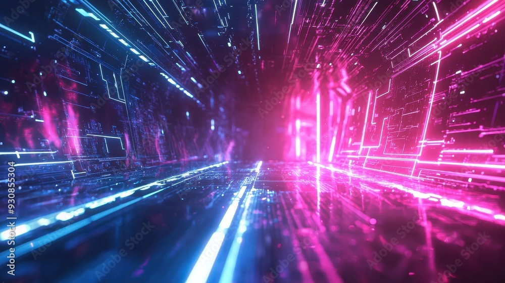 Futuristic Neon Lights Abstract Background   Pink and Blue Glowing Lines and Shapes