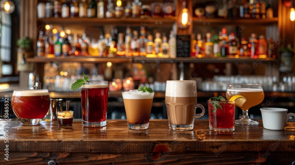 Beverages assortment including coffee, tea, and cocktails arranged neatly on a bar counter Beverages assortment including coffee, tea, and cocktails arranged neatly on a bar counter