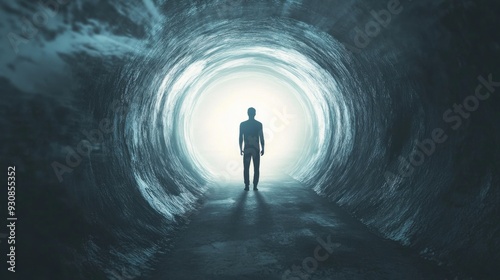 Silhouette of a man walking towards a bright light at the end of a tunnel