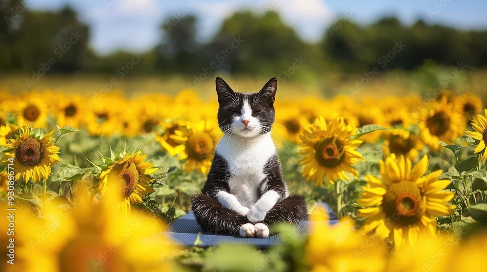 Fototapeta premium Cute Cat Meditating In A Field Of Sunflowers