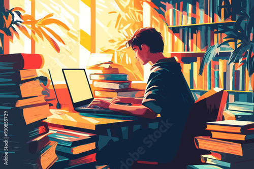 Student Studying at Desk with Laptop Amidst Stacks of Books in a Colorful Library Environment