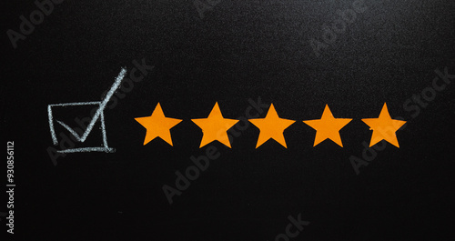 A chalkboard-themed image showcasing five vibrant orange stars alongside a hand-drawn checkmark box, symbolizing the attainment of a flawless five-star rating and the guarantee of customer satisfactio