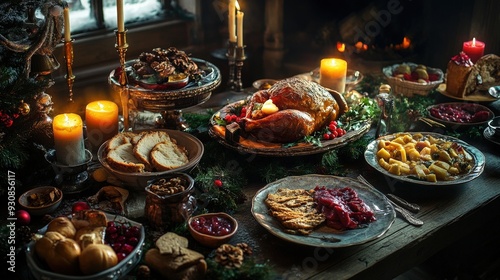 Yuletide Feast Spread with a Bountiful Array of Traditional Holiday Dishes by Candlelight