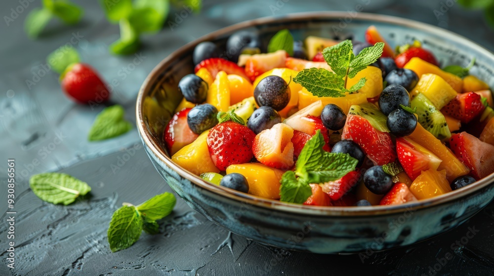 Colorful fruit salad bowl with a mix of tropical and seasonal fruits, garnished with mint leaves Colorful fruit salad bowl with a mix of tropical and seasonal fruits, garnished with mint leaves
