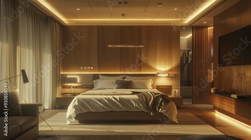Serene Bedroom Oasis Featuring Warm Wood Accents and Soft Lighting for Ultimate Relaxation