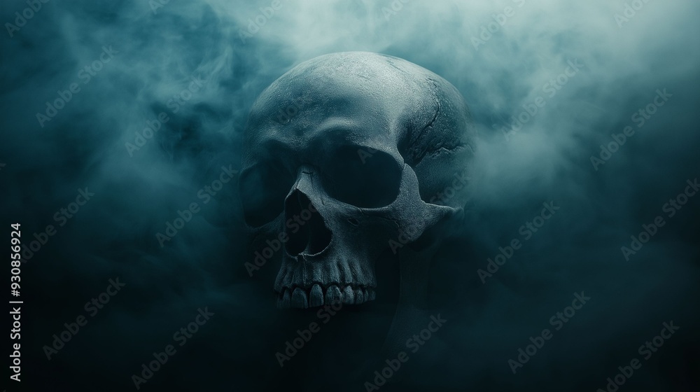 A detailed skull emerges from swirling smoke under eerie greenish-blue lighting. A detailed skull emerges from swirling smoke under eerie greenish-blue lighting.