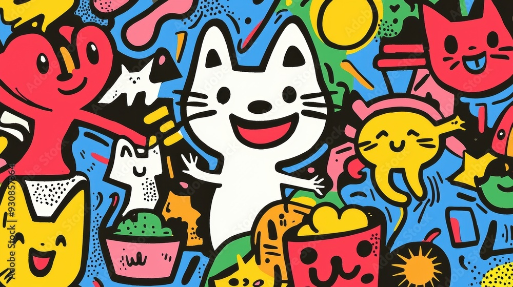 Cute Cartoon Cat Doodle Illustration with Abstract Shapes and Patterns Cute Cartoon Cat Doodle Illustration with Abstract Shapes and Patterns