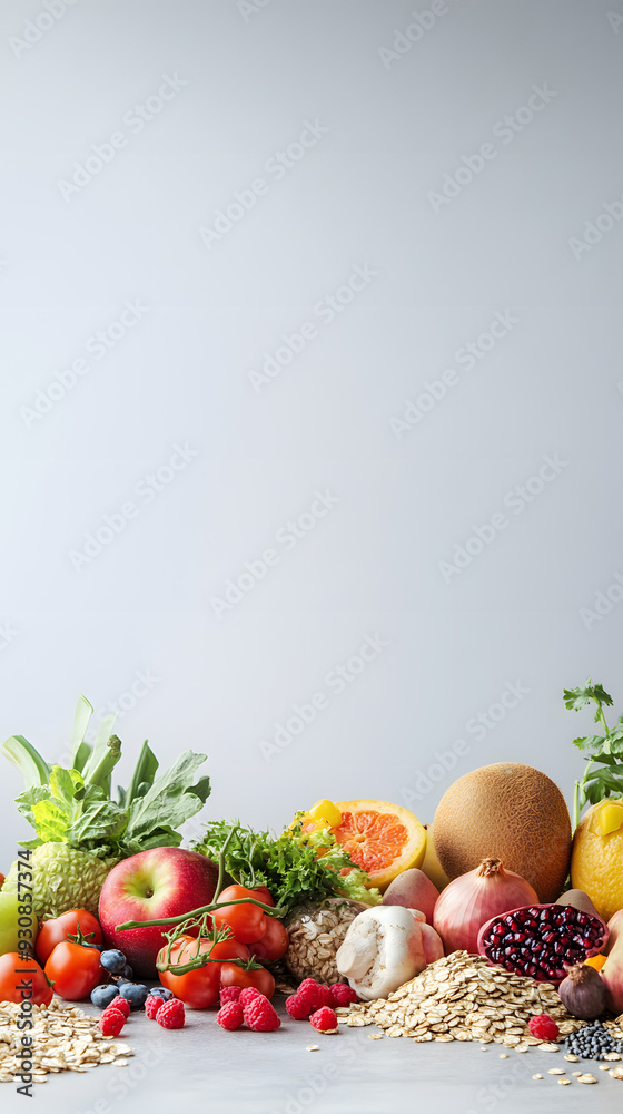A diverse and colorful selection of fresh fruits and vegetables placed on a light background, showcasing a balanced diet and healthy eating concept with natural elements. A diverse and colorful selection of fresh fruits and vegetables placed on a light background, showcasing a balanced diet and healthy eating concept with natural elements.