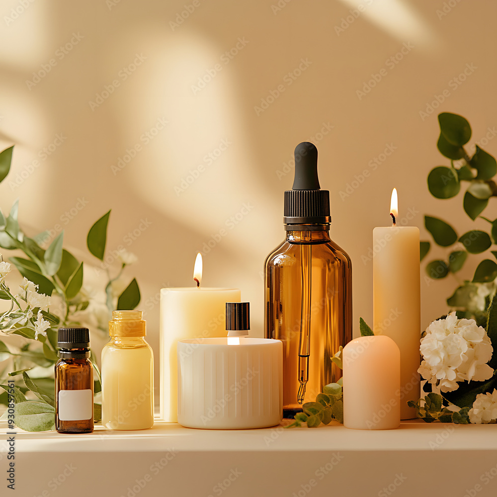 Peaceful Aromatherapy Setup with Essential Oils, Candles, and Natural Elements for Relaxation and Wellness Peaceful Aromatherapy Setup with Essential Oils, Candles, and Natural Elements for Relaxation and Wellness
