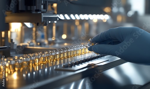 Pharmacist scientist with sanitary gloves examining medical vials on a production line conveyor belt in a pharmaceutical factory photo