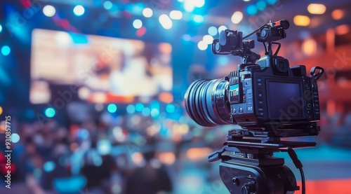 In a vibrant television studio, a professional camera is set up to capture the thrilling events dynamic atmosphere, with colorful lighting effects and an engaged audience in the background