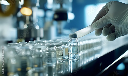 Pharmacist scientist with sanitary gloves examining medical vials on a production line conveyor belt in a pharmaceutical factory photo