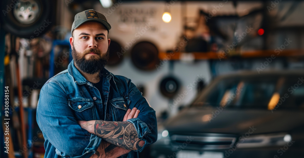 Bearded mechanic stands confidently in a workshop surrounded by tools and vehicles in the early evening Bearded mechanic stands confidently in a workshop surrounded by tools and vehicles in the early evening