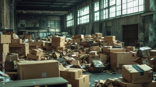 A messy warehouse filled with cardboard boxes. This photo represents the busy nature of a shipping and receiving area.