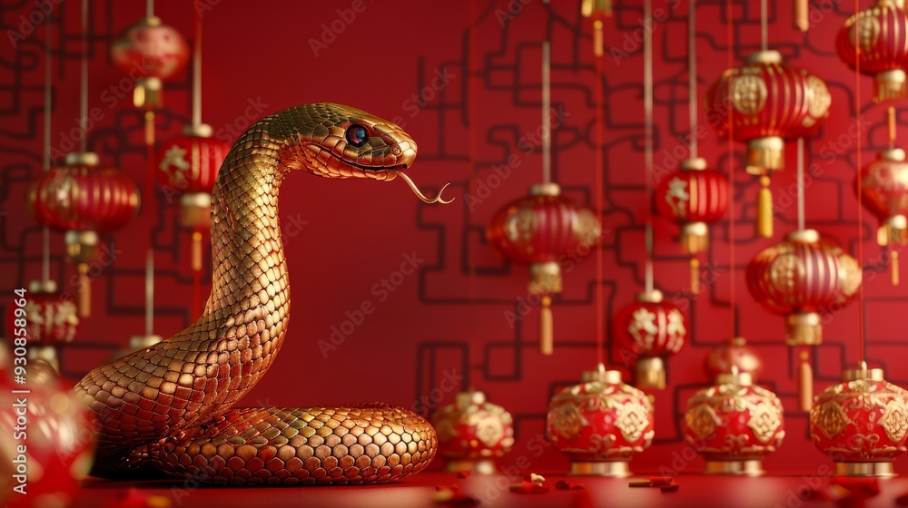 Happy chinese new year, year of the snake zodiac sign hanging beautiful lantern and flowers on red background. Chinese new year decorations. Happy chinese new year, year of the snake zodiac sign hanging beautiful lantern and flowers on red background. Chinese new year decorations.