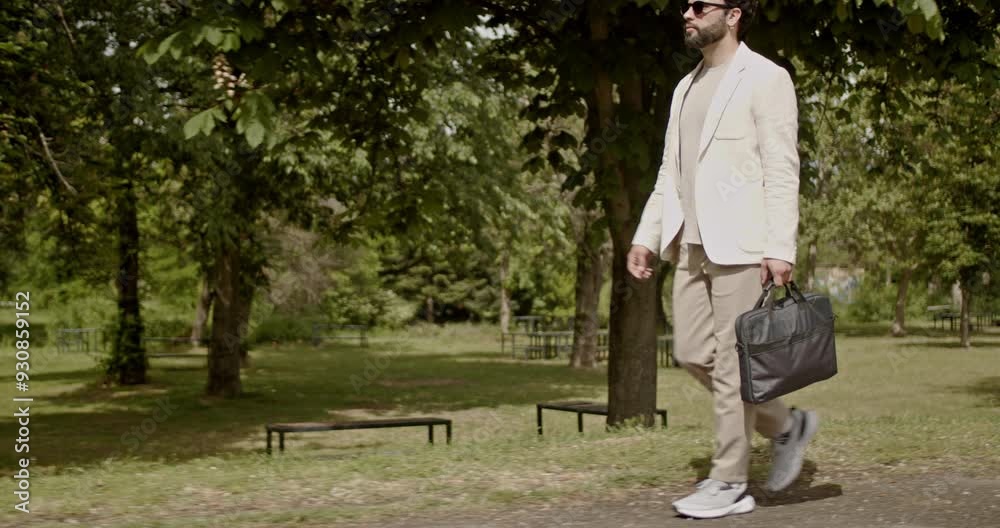 A businessman checks his watch while walking to a meeting in the park. A businessman checks his watch while walking to a meeting in the park.