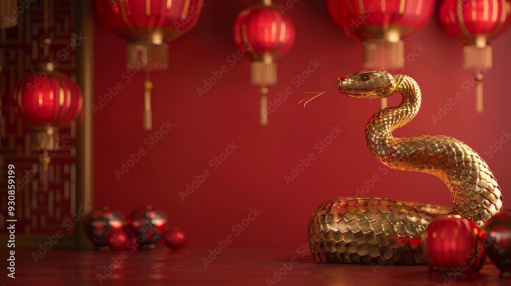 Happy chinese new year, year of the snake zodiac sign hanging beautiful lantern and flowers on red background. Chinese new year decorations. Happy chinese new year, year of the snake zodiac sign hanging beautiful lantern and flowers on red background. Chinese new year decorations.