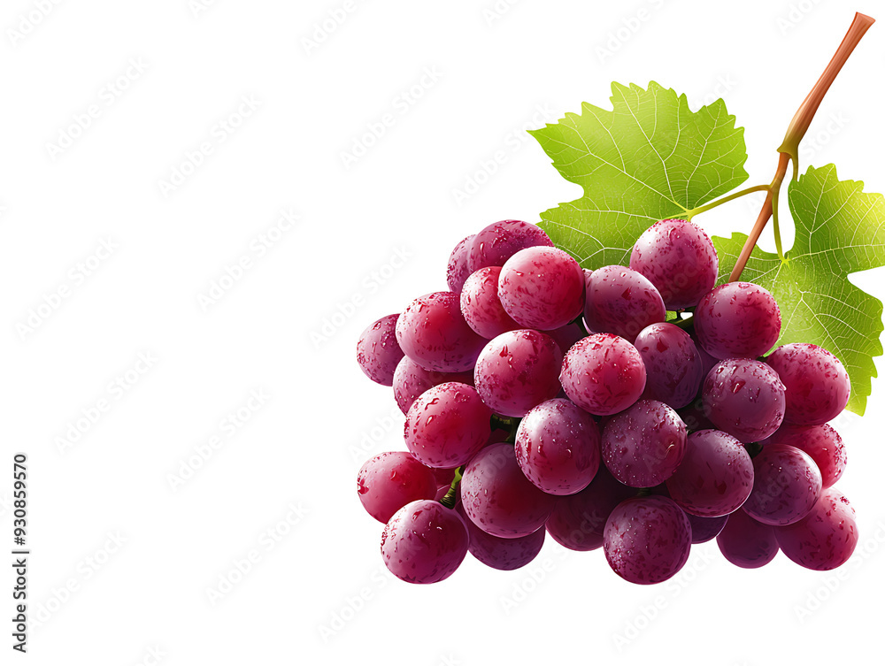 Fototapeta premium A bunch of ripe red grapes with a green leaf on a vine.
