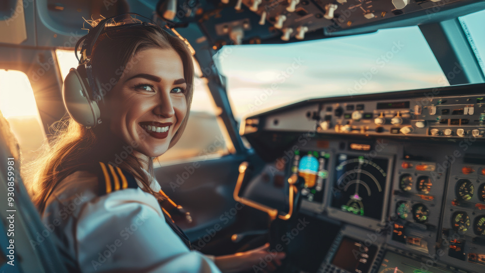 Joyful female pilot in the cockpit during sunset, preparing for takeoff Joyful female pilot in the cockpit during sunset, preparing for takeoff
