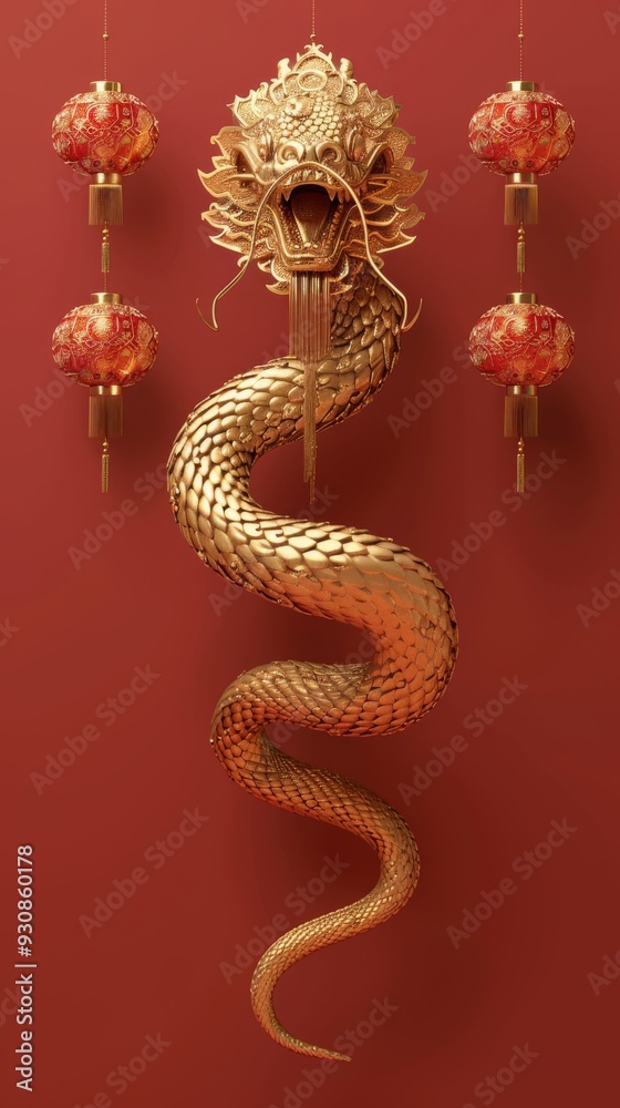 Fototapeta premium Happy chinese new year, year of the snake zodiac sign hanging beautiful lantern and flowers on red background.