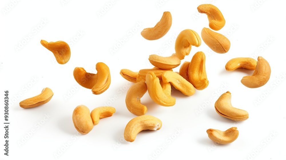 Cashew Nuts Falling on a White Background Cashew Nuts Falling on a White Background