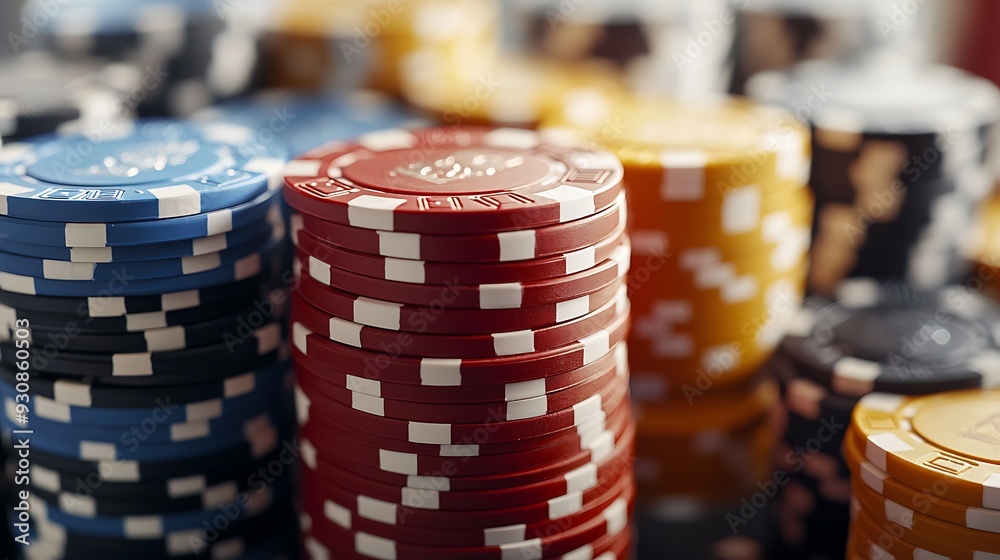 Close Up of Stacks of Poker Chips in Red, Blue, and Yellow. Close Up of Stacks of Poker Chips in Red, Blue, and Yellow.